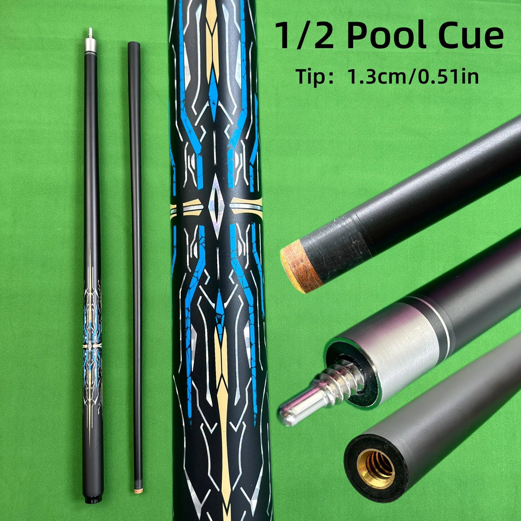 

146cm Fiberglass Billiard Cue, 1/2 Split Pool Cue with 13mm Cue Tip, Stainless Steel Joint, Non-Slip Grip