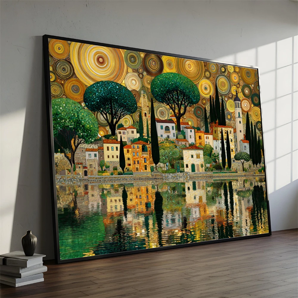 Obraz na płótnie z pejzażem miejskim Gustava Klimta, złoty abstrakcyjny obraz architektoniczny Gustava Klimta, wydruki z wenecką nocą, dekoracja domu