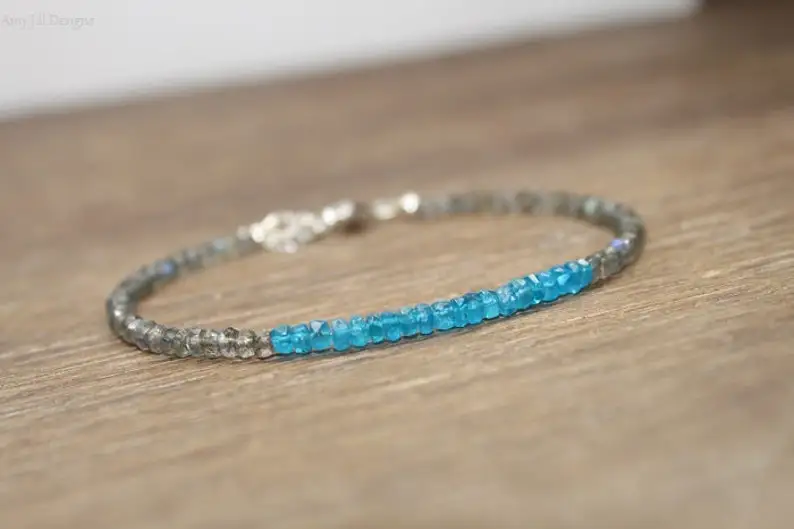 Neon Apatite and Labradorite Bracelet, Labradorite Jewelry, Layering Bracelet, Blue Flash, Gemstone Bracelet