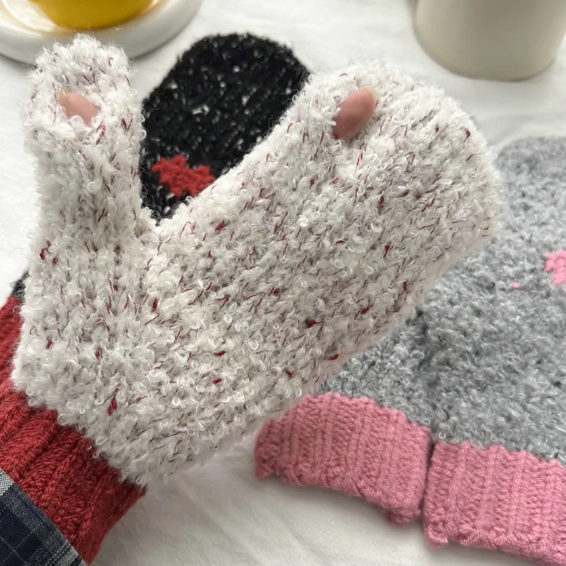 Korean Ins Style Lovely Jacquard Contrast Color Knitted Gloves Women's Winter Cute All-Matching Thick Warm Mittens