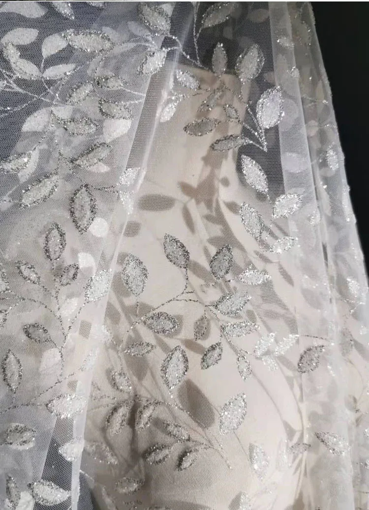 Fabric with Leaf and Glitter Bronzing, Transparent Mesh, Wedding Dress, Dessert Table Layout Dress