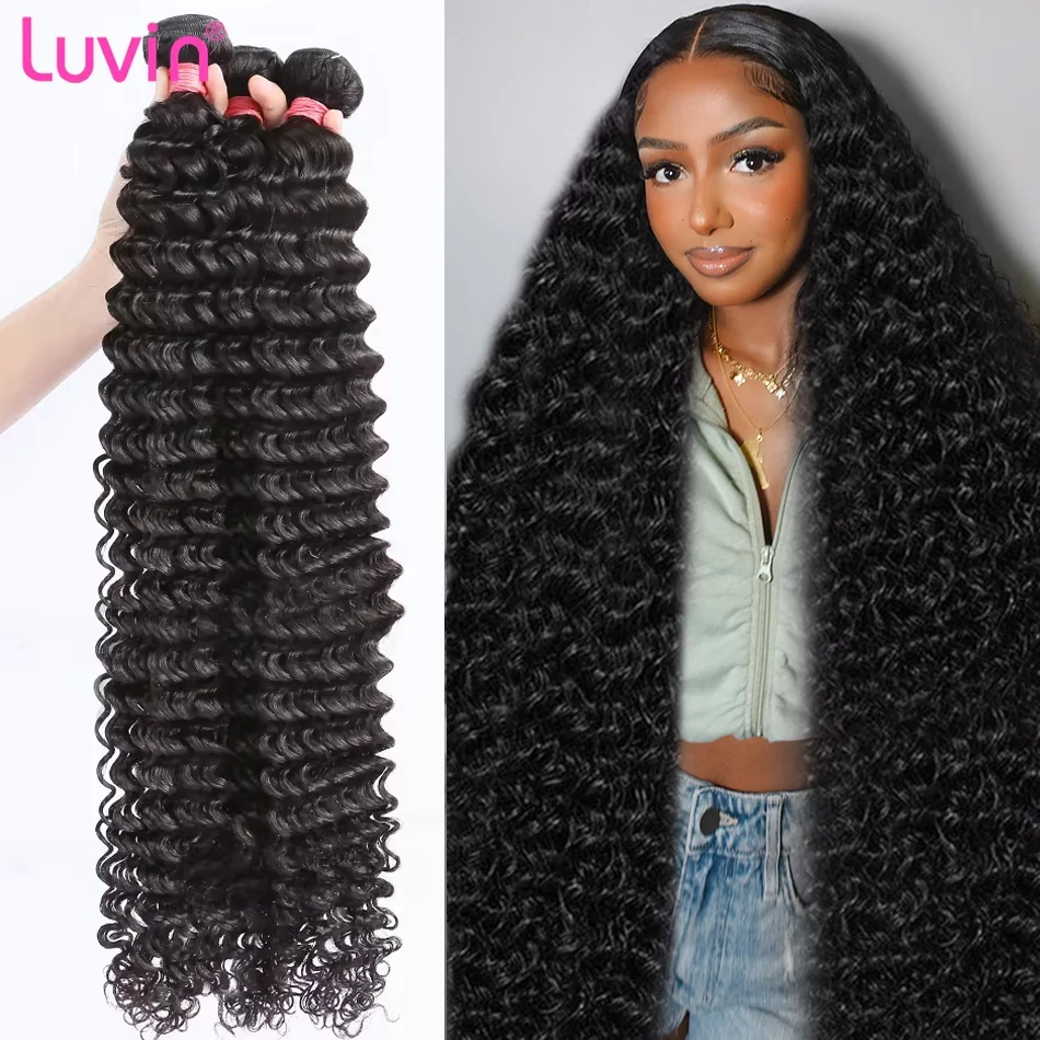 Luvin 30 32 36 40 Inch Deep Wave Human Hair Bundles Brazilian Remy Unprocessed Weaving Curly Hair Bundles Weave Extensions Deals