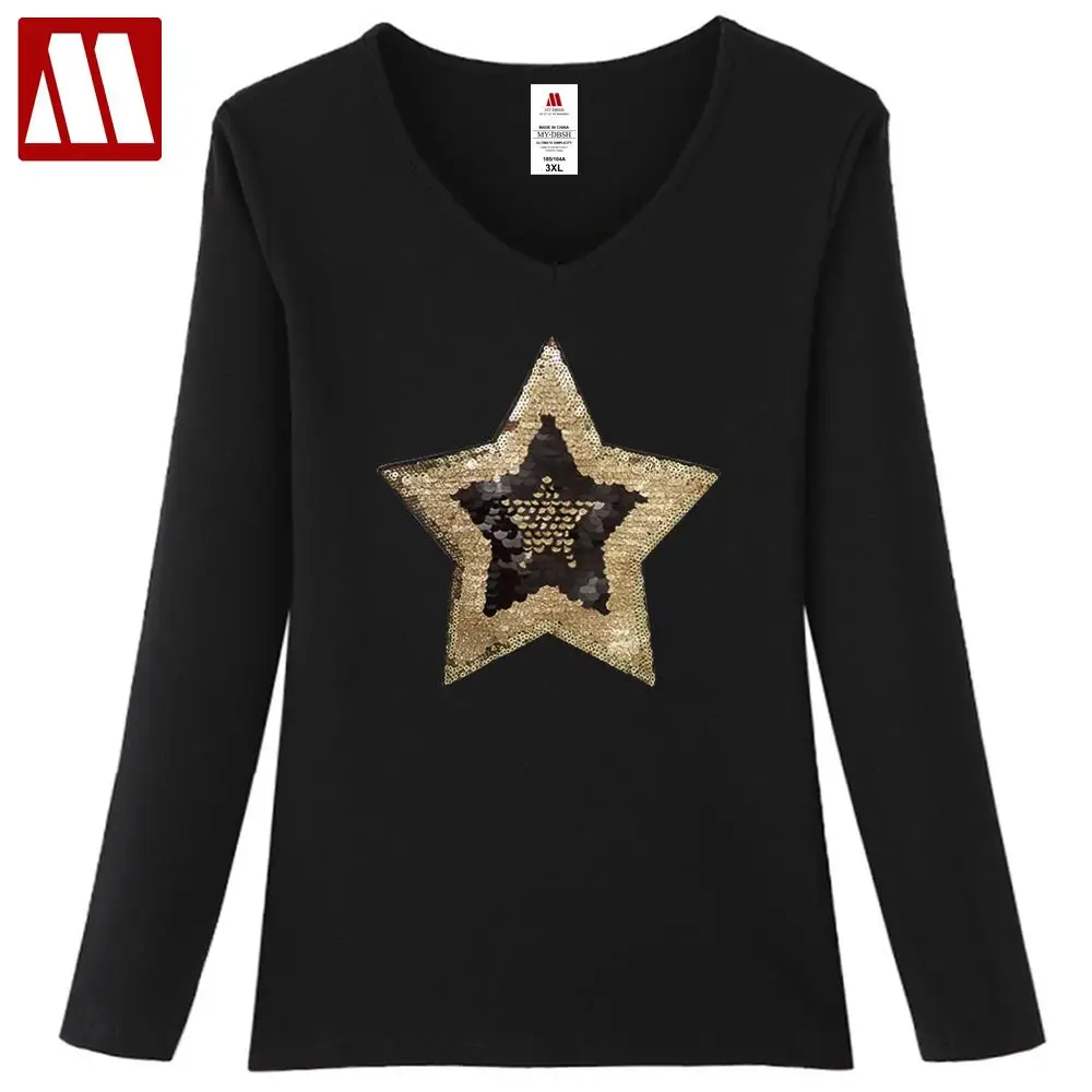 2024 Summer Ladies Fashion Sexy Long Sleeve Basic Tops Size 5XL Five-pointed Star T Shirts Shiny Paillette Women Cotton T-shirt