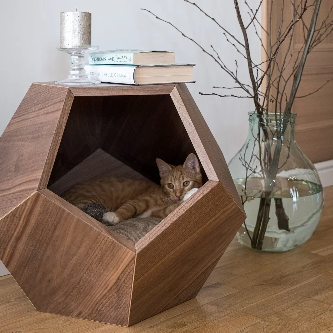 Walnut, Wood MDF Cat Hole Bed, Pet Furniture, Geometric Side Table