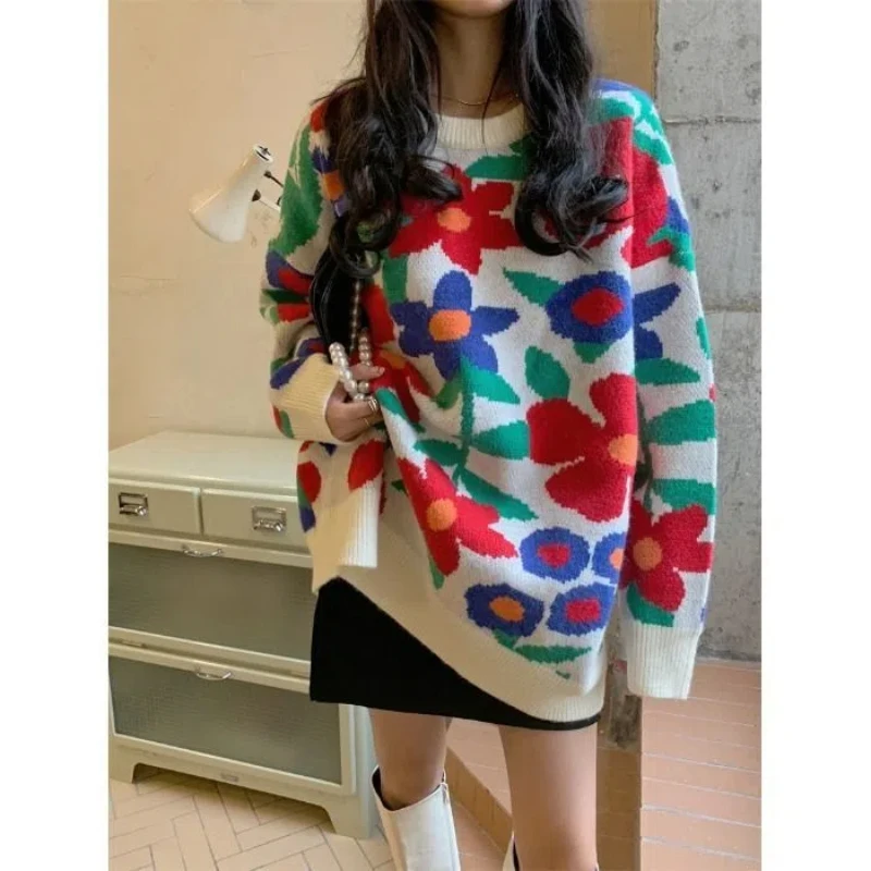 Women\'s Clothing Pullover Round Neck Sweater Knitted Casual Loose Long Sleeve Autumn Winter Geometric Vintage Plant&Flowers Tops