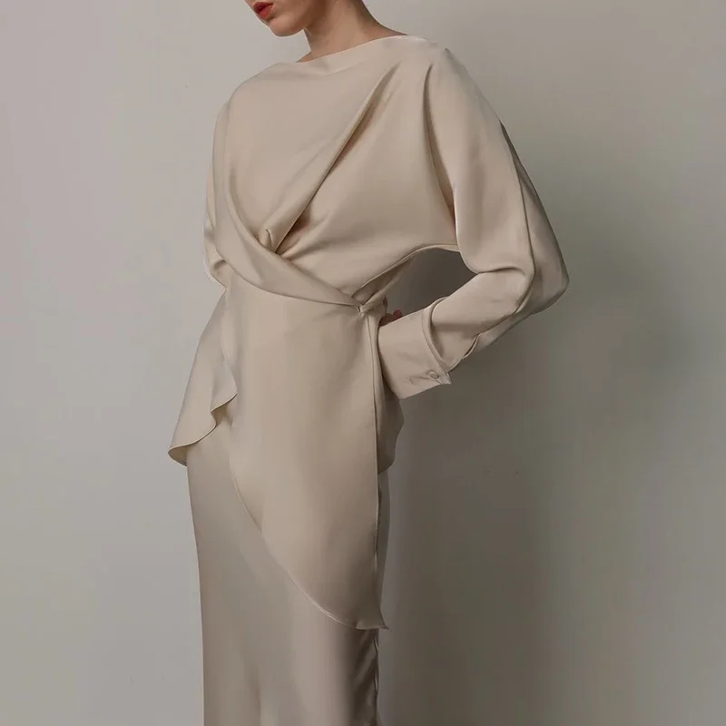 

Ladies Elegant O Neck Top with Half Skirt Suits Simple Solid Color Satin Slim Two Piece Sets Spring Casual Long Sleeved Outfits
