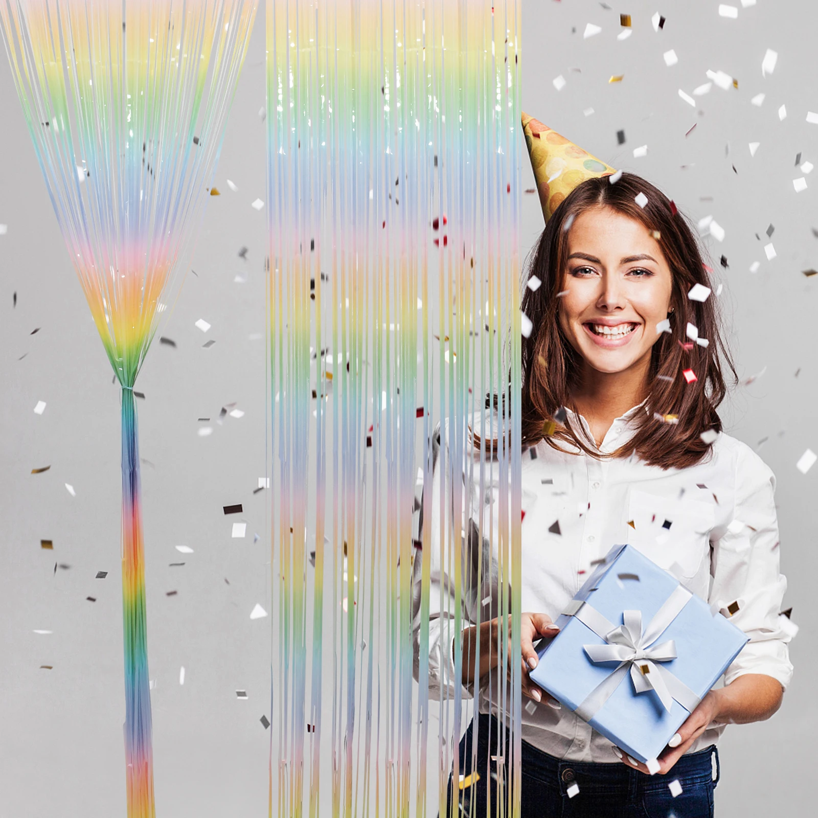 

2 Pcs Foil Fringe Curtains Backdrop for Party Birthday Decor Colorful Macaron