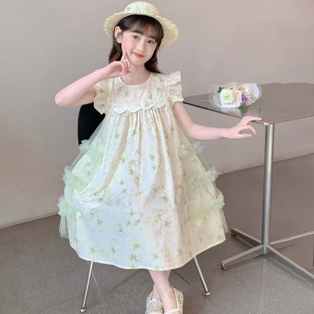 

Floral Print Pleated Kids Ruffles Mesh Dress Round Neck Loose Girls Puff Sleeve Skirt Casual Long Children Princess Dress Travel