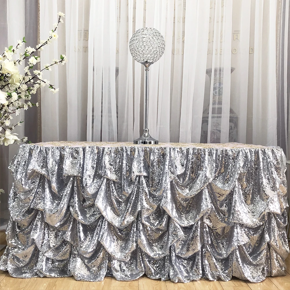 2020 August New Arrival 2 Piece /lot L * 30 Inch H Silver Shiny Sequin Table Skirt For Wedding Decoration