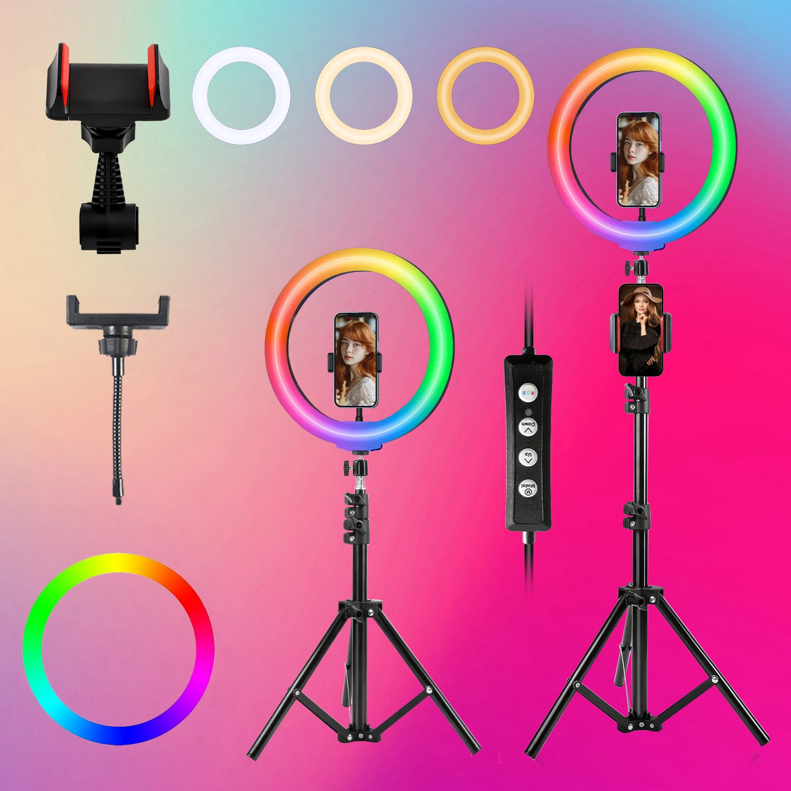 Kit de anillo de luz LED para selfies regulable de 12" con trípode de 110 cm y soportes para teléfono: perfecto para bodas, fiestas y fotografía
