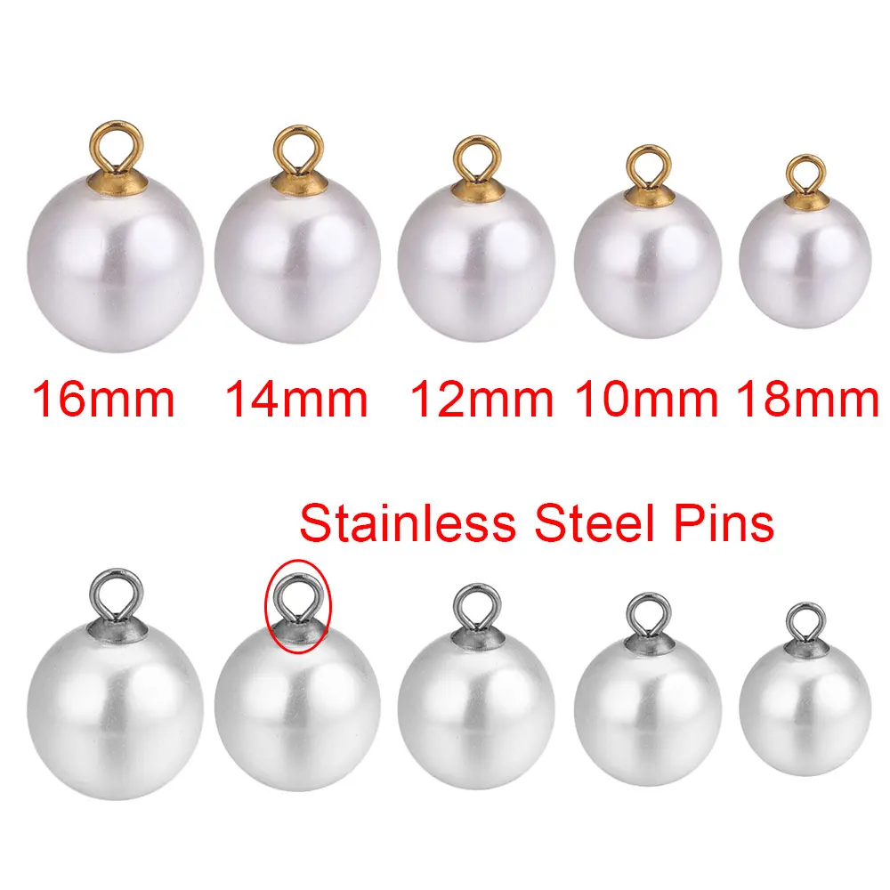 10pcs 8/12/14/16MM White Round Drop Imitation Pearls Earrings Charm Beads Stainless Steel Pendant for Jewelry Making Wholesale
