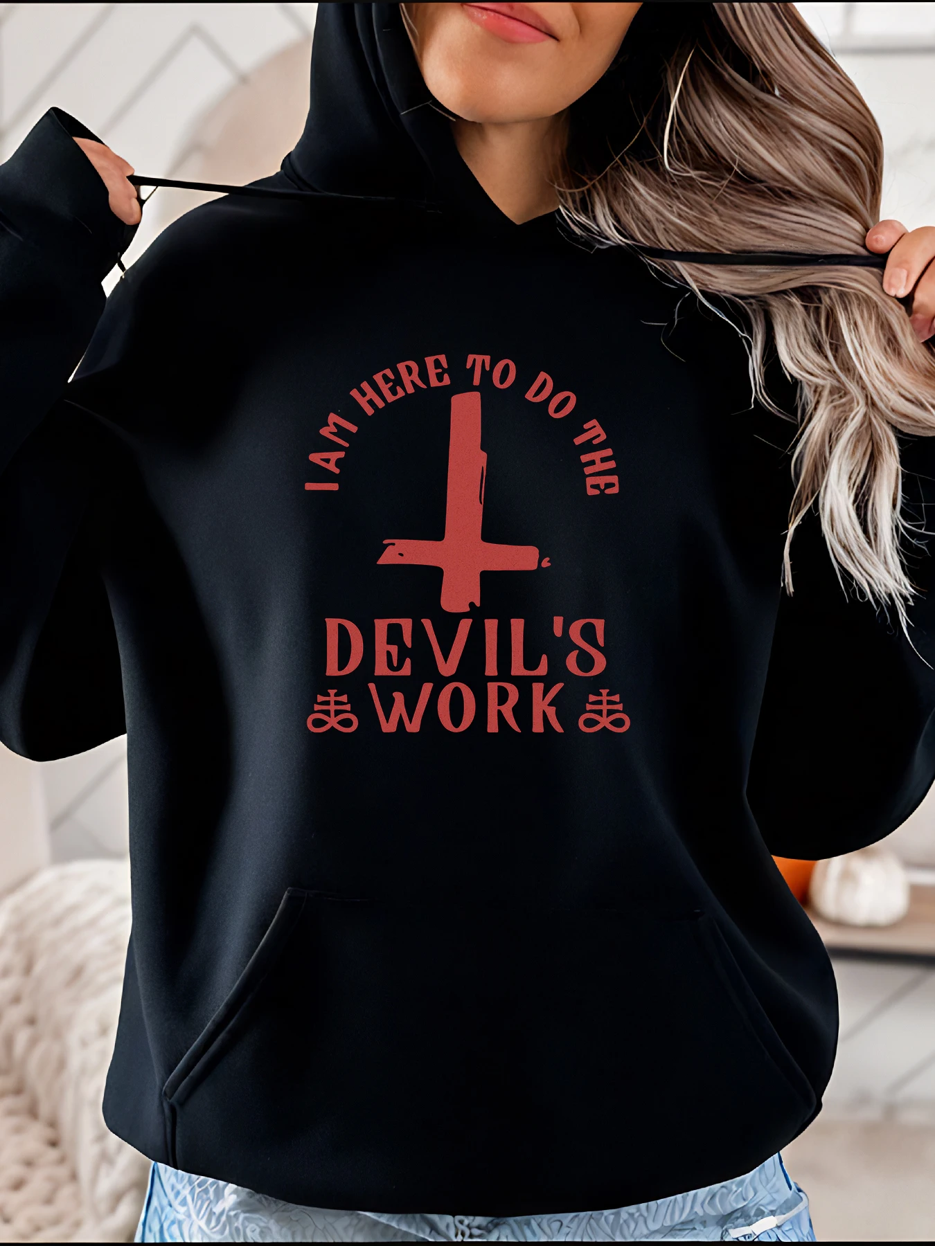 

Halloween Printed Hoodie Loose Fit Casual Style Devil's Work Graphic Design Women's Autumn Winter Streetwear Outfit