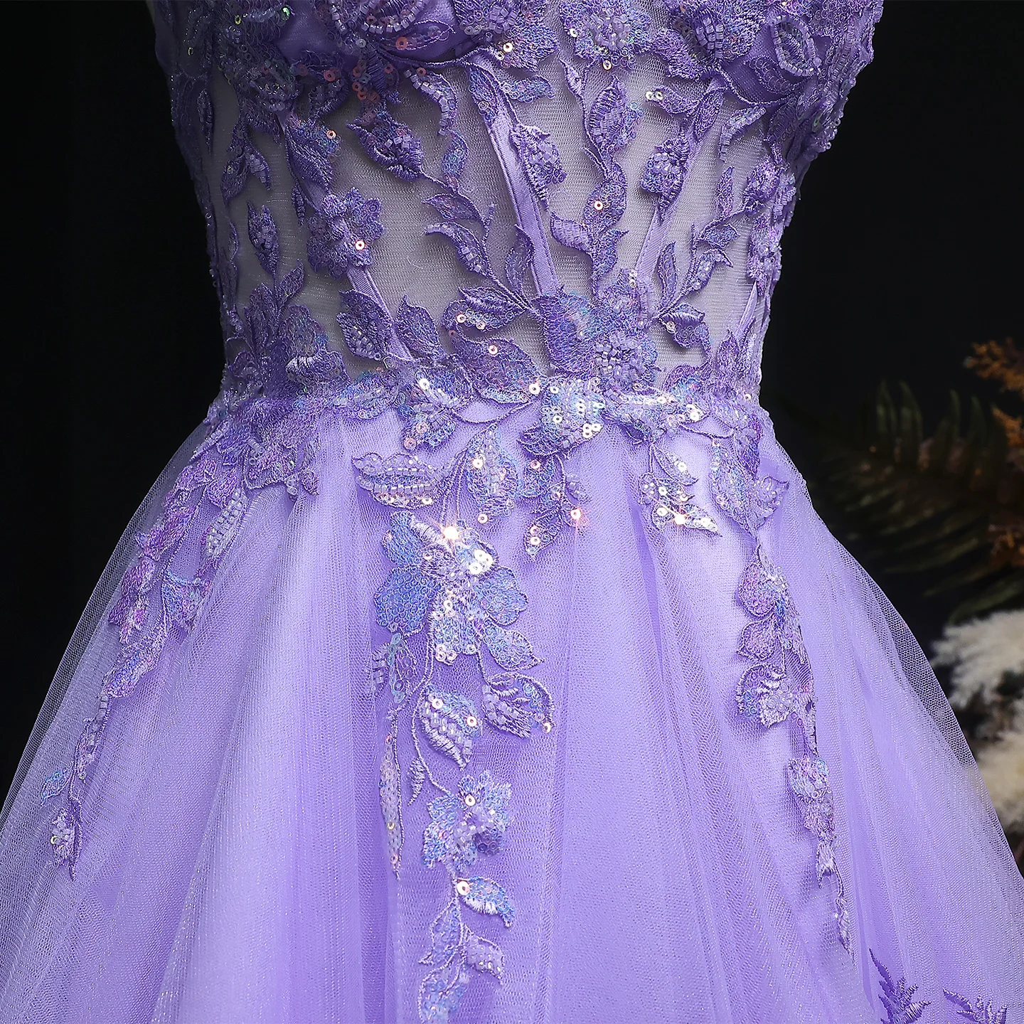 Sharon Said Fliederfarbenes Doppel-Spaghettiträger-Homecoming-Kleid mit Blumenperlen, A-Linie, Tüll, Dubai Cocktail-Abschlussball-Partykleid RM128 Maßanfertigung – Detail 7