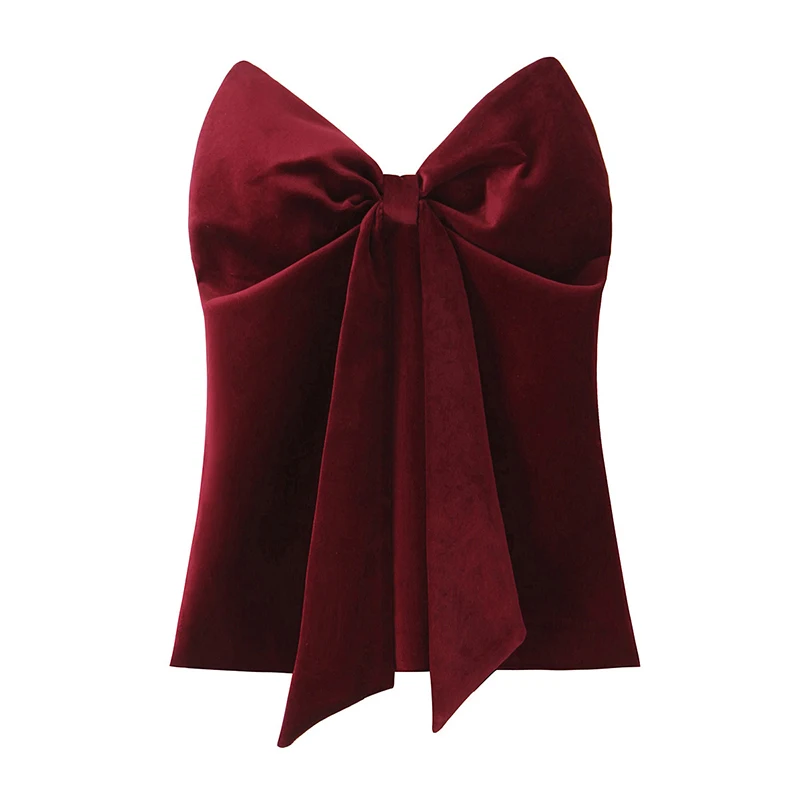 High Street Women Wine Red Velvet Bow Strapless Top Sexy Sleeveless Chic Party Crop Top ropa para mujer