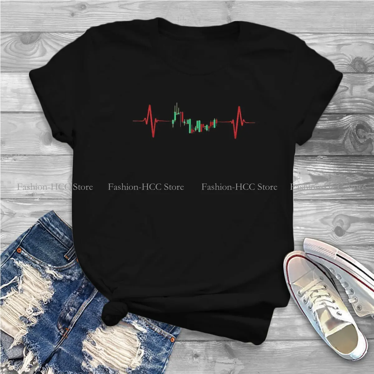 Trader Heartbeat Classic Hipster Polyester TShirts Wallstreetbets GameStop Stonks Female Harajuku Streetwear T Shirt Round Neck