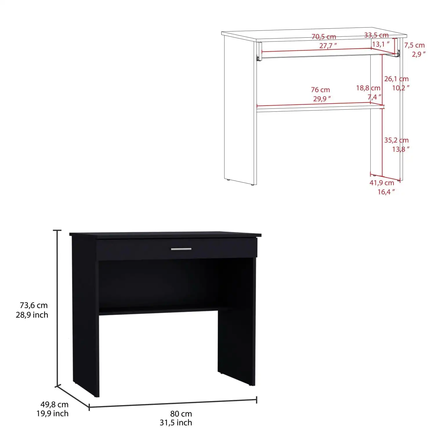 80 C Writting Desk, Compact Workstation with Drawer and Lower Shelf Black