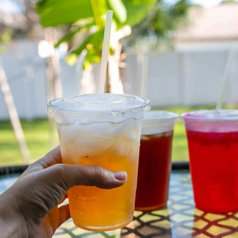 

Disposable 24oz Clear Plastic Cups with Flat Lids and Straws 400 Sets (4 box of 100)