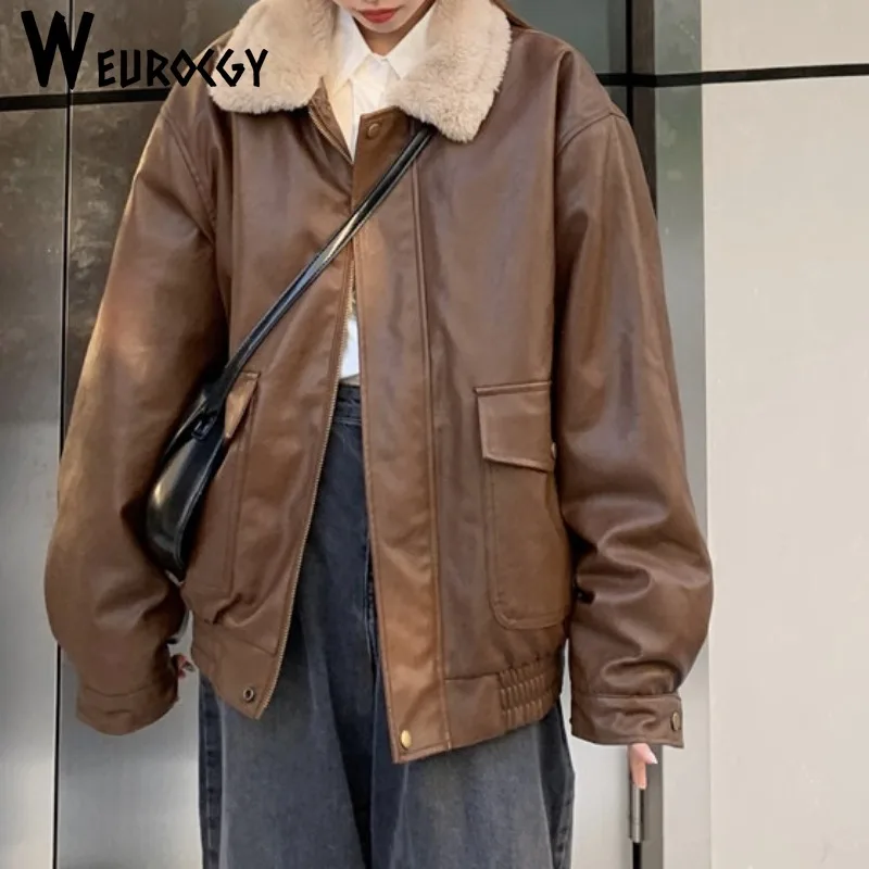 2024 New Style Winter Fleece Leather Jacket Women Streetwear Zipper Leather Jacket Casual Vintage Loose Thick Leather Coat