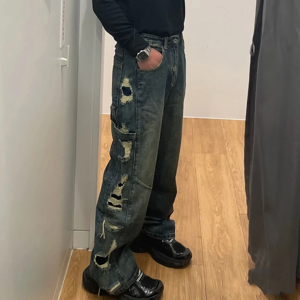 كلا الجانبين هول ممزق عادية Bootcut الرجال والنساء الشارع الشهير غسلها الأزرق الجينز السراويل المتعثرة عادية سراويل جينز كبيرة الحجم