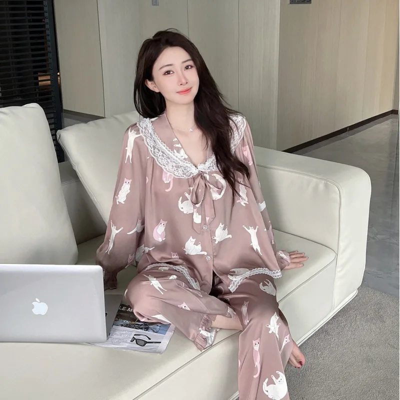 2025 Spring Autumn Girl Women Doll Collar Long Sleeve Pants Pajamas Cute Cartoon Ice Silk Two Piece Set Sleepwear Loungewear