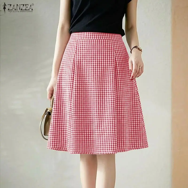 Women Summer Elastic Waist Plaid Skirt 2026 ZANZEA Elegant Work OL Skirts Casual Holiday Faldas Saia Stylish A-line Midi Jupes