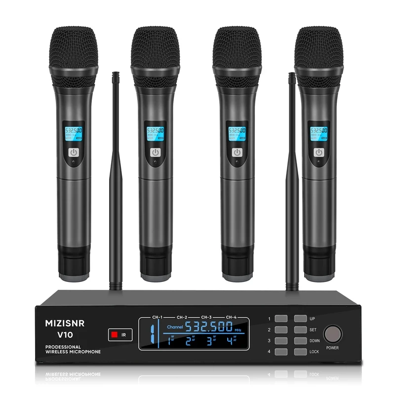 

Fuluode 4-Channel Professional Wireless System Wireless Receiver With 4 Handheld Microphones UHF Handheld Transmitter