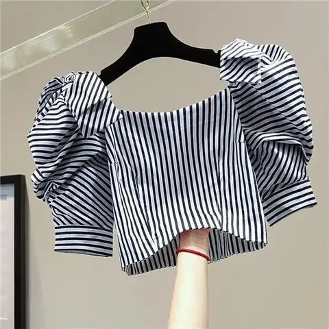 Neploe 2024 Summer Korean Slim Fit High Waist Short Shirt Vintage Stripe Bow Zipper Puff Sleeve Blouses Femme Chic Sweet Blusas