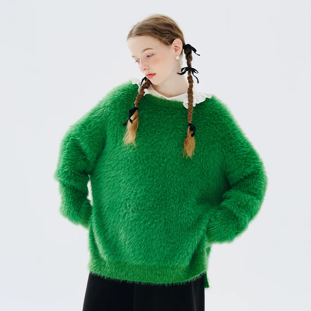 imakokoni 2023 autumn/winter new green lazy loose mohair soft waxy sweater female 234348