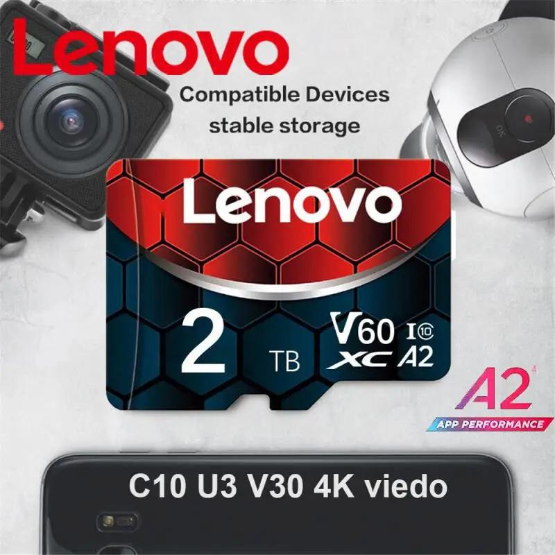 Lenovo-tarjeta de memoria SD para cámara 4K, microtarjeta TF/SD de 2 TB, Clase 10 de alta velocidad, A2, U3, Flash, V60, 2 TB