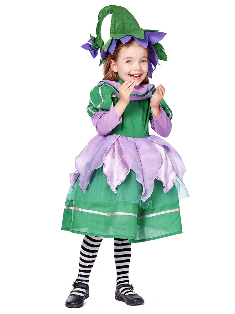 Umorden Purple Green Garden Elf Princess Fairy Munchkin Flower Girl Costume Child Kids Purim Halloween Fancy Dress Flower Hat