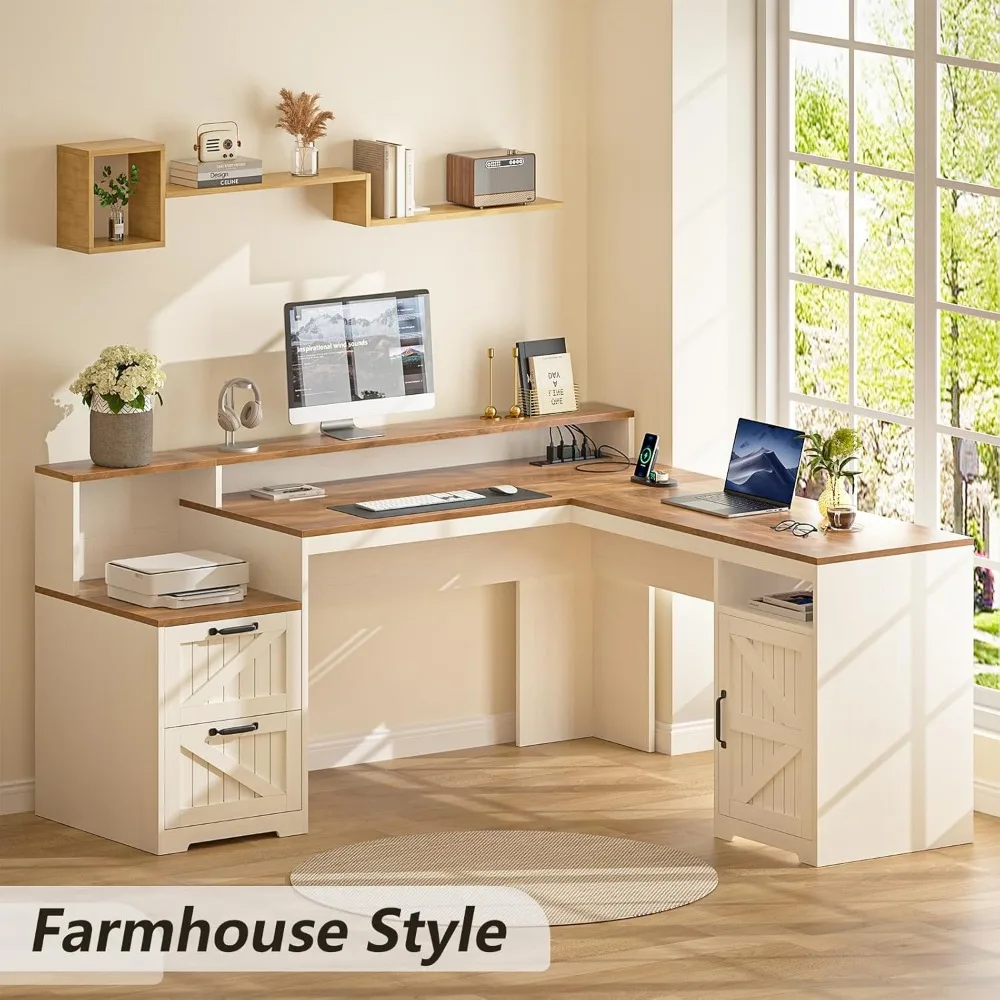 63" Farmhouse L Shaped Executive Desk with Drawers & Storage Shelf, Corner Computer Desk with Power Outlets, L Shaped Office Des image 3