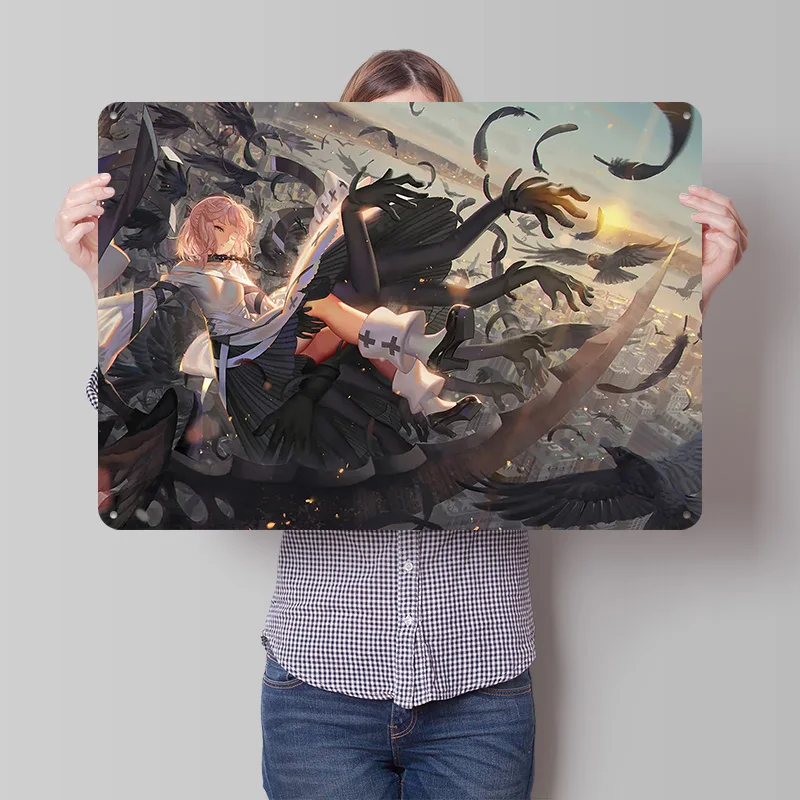 Anime Girl Surrounded By Crows and Feathers Personalized 3D Textured Metal Poster Wall Art Tinplate Sign for Decoration Room