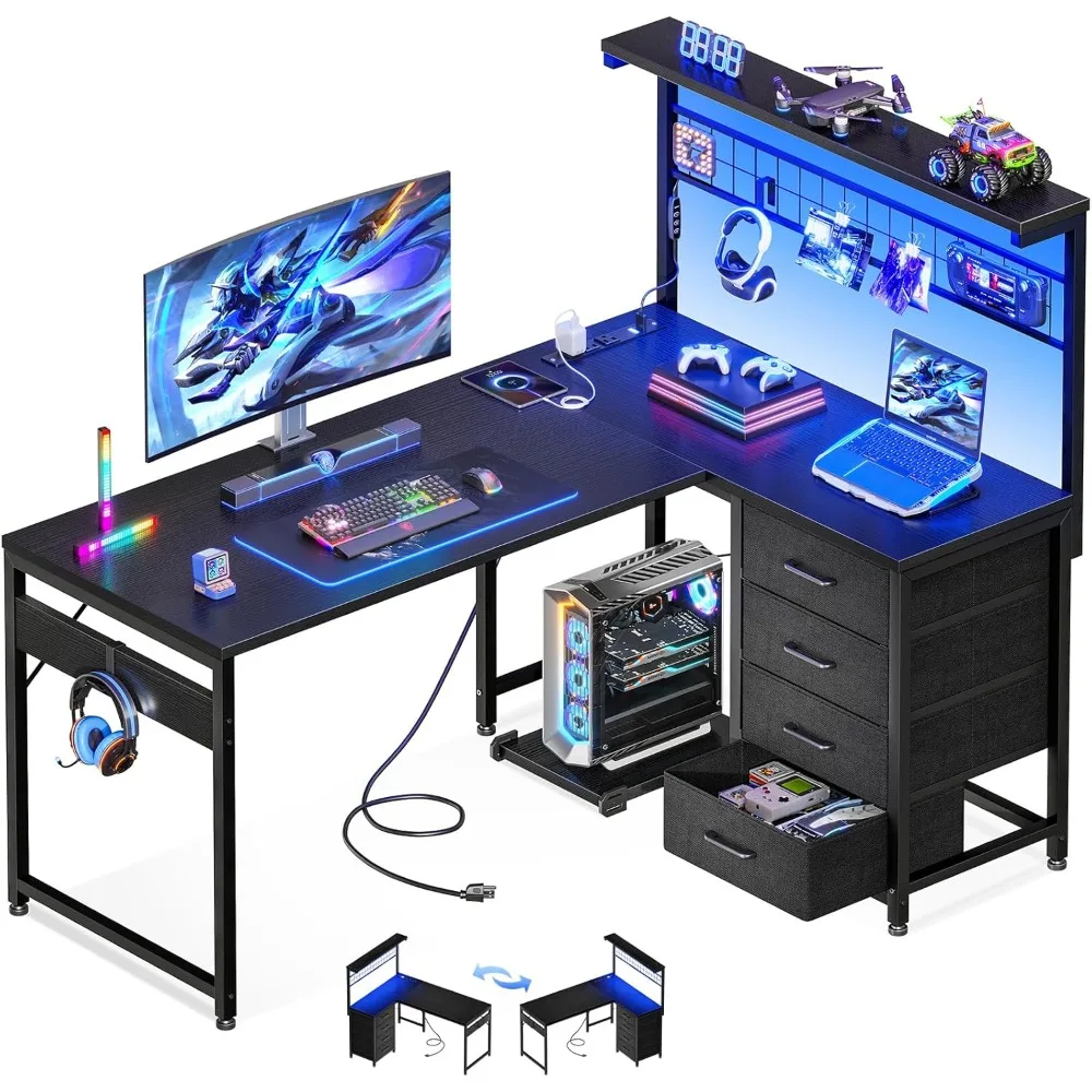 

L Shaped Gaming Desk with Shelf & 4 Drawers, Reversible Computer Desk with LED Light, Home Office Table with Hutch and Hook,