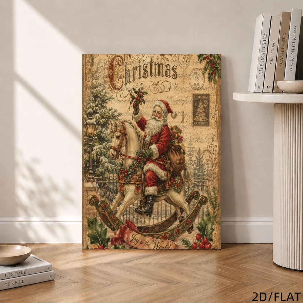Framed Canvas Wall Art, Beige Vintage Oil‑Paint Style Santa Claus Riding Rocking Horse Print, Wall Decor for Living Room