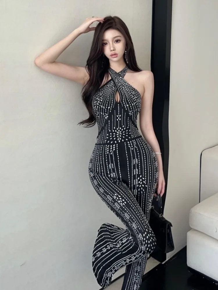 Luxury Sparkle Black Rhinestones Long Pants Party Jumpsuits Elegant Women Crystal Rompers Nightclub Outfits Y2K Traf