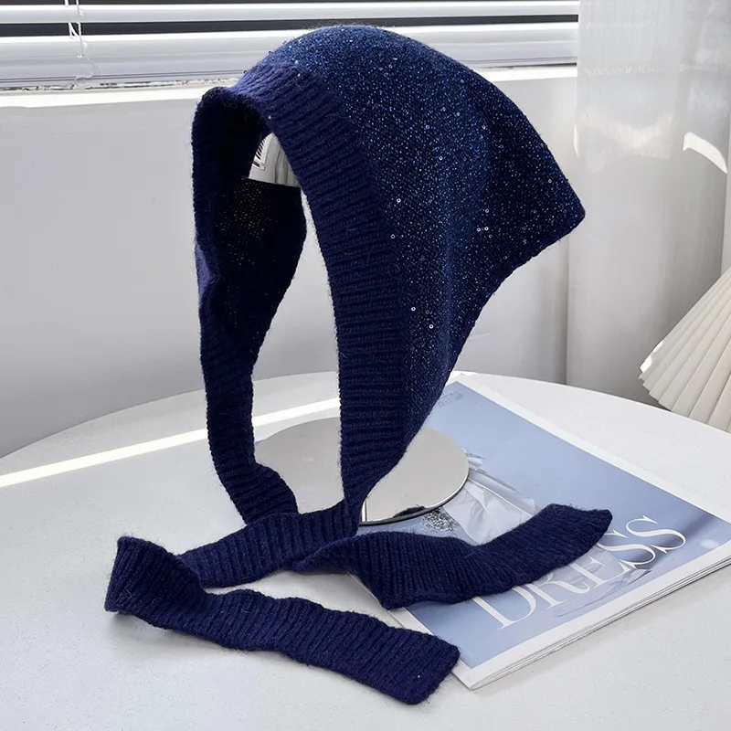 Koreanische Mode: Pailletten-Dreieckstuch aus Kaninchenhaar-Mischgewebe für Herbst und Winter, vielseitiges gestricktes Stirnband mit Schnürung für Damen – Detail 2