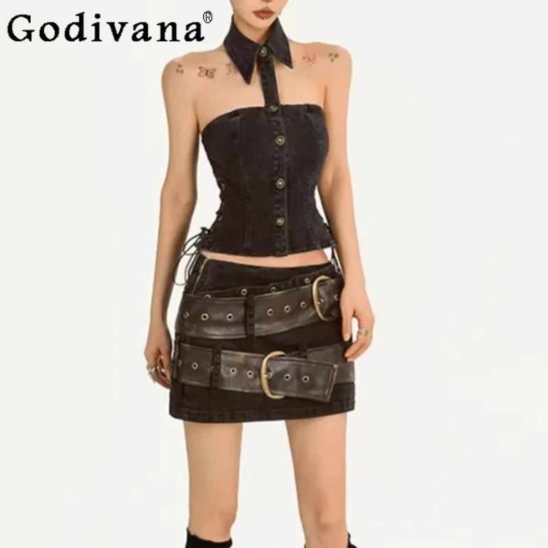 New Personalized Women Dark Double Belt Do Old Denim Skirt 2026 Spring Summer Fashion Versatile A-line Black Retro Short Skirts