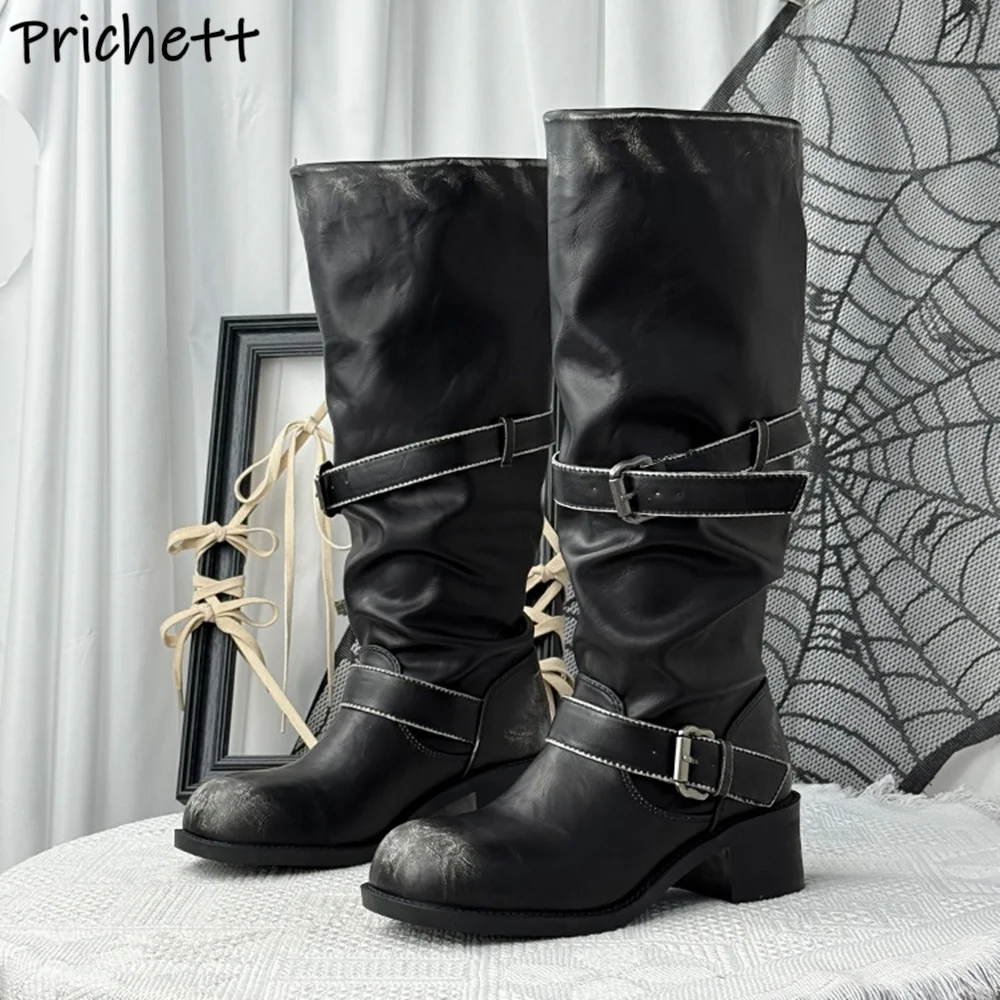 

Distress Belt Boots Black Leather Buckle Round Toe Square Heels Winter Shoes Women's Fashion Leather Concise Knee High Boots