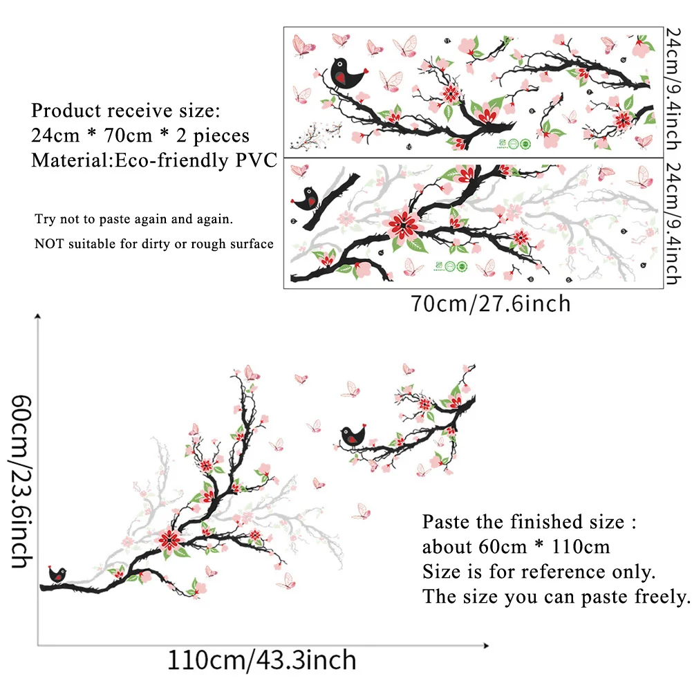 Chinese Style Tree Branch Bird Butterfly Wall Sticker Living Room Background Decoration Mural Bedroom Decor Self-adhesive Decals