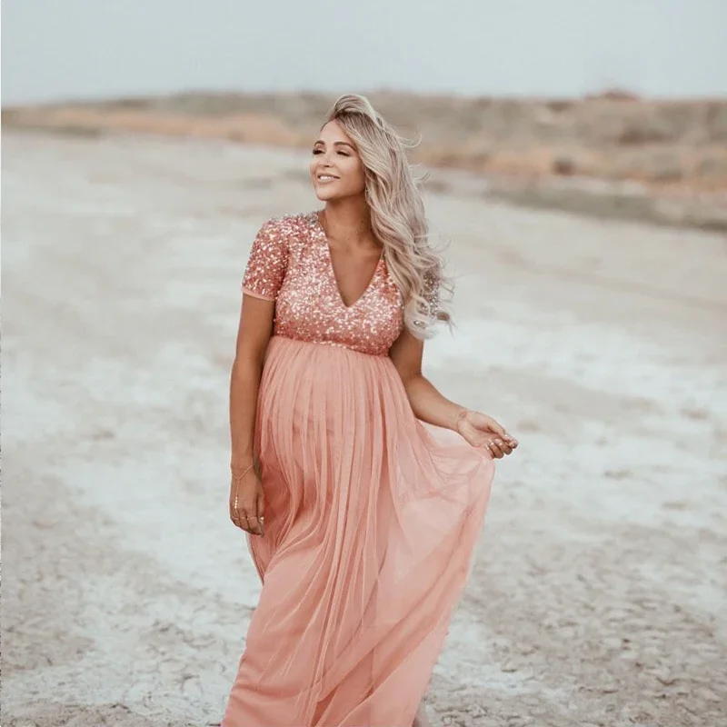 

2022 Maternity Dress Women Pregnants Sexy Photography Props Short Sleeve Maternity Solid Lace Long Dress Art Photo Dress Clothes