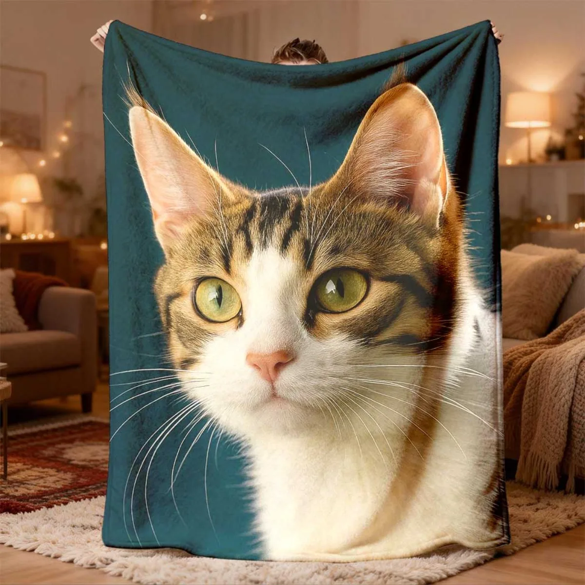 Cozy Cat Face Portrait Throw Blanket for Sofa Couch Bed Decor Gift Nap Throw Fluffy Pet Lover Home Winter Warm Blanket