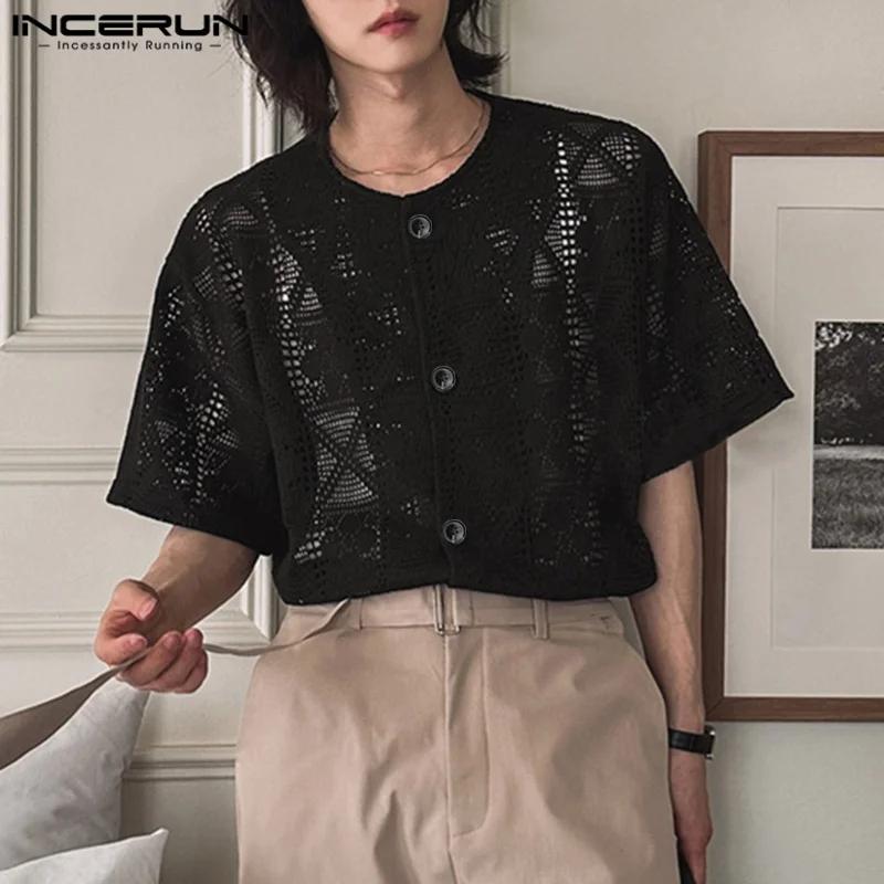 

INCERUN Men Shirt Lace See Through Sexy O-neck Short Sleeve Button Male Tops Summer Shirts Streetwear 2025 Sexy Men Clothing