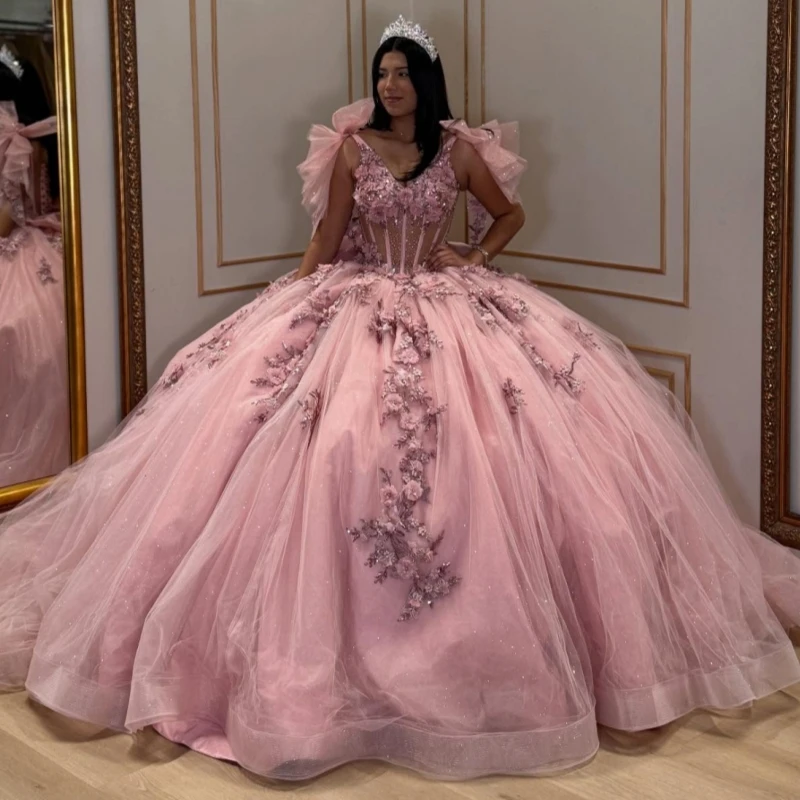 

Pink Shiny Quinceanera Dresses Off The Shoulder Applique Flower Beads Tull Ball Gown Vestidos De 15 Anos Sweet 16 Dress