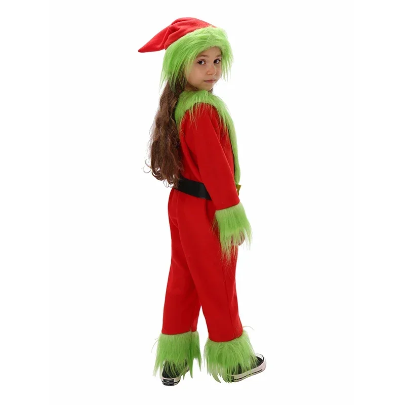 2024 Neujahrs junge Weihnachts mann Outfit Overall mit Hut pelzigen grünen Mädchen Kinder Santa Weihnachts kostüm