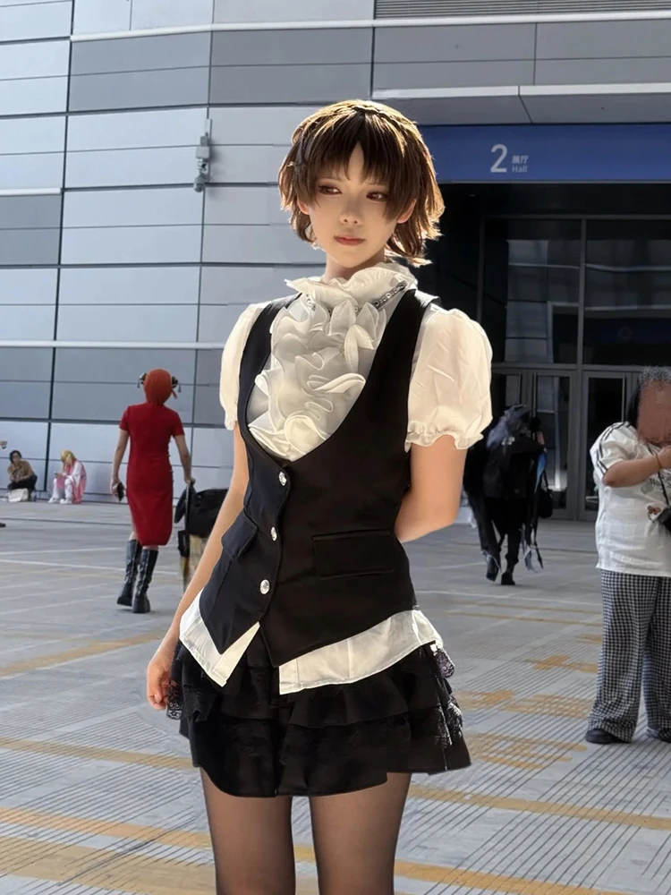 

Slimming Effect Japanese Retro College Style Women's Three-Piece Set Black Vest Cake Skirt Summer White Shirt Fashion Set