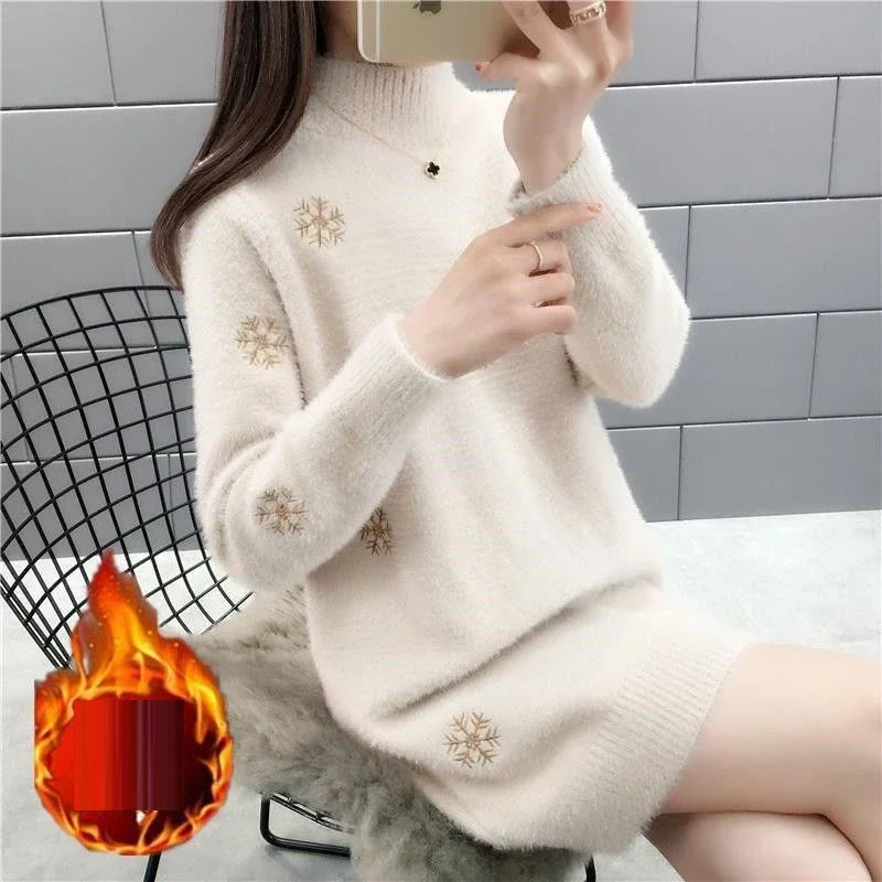 

Women Winter Mink Cashmere Snowflake Embroidered Long Sweater Dress Vintage Pullovers Casual Warm Lady Long Sleeve Knitted Tops