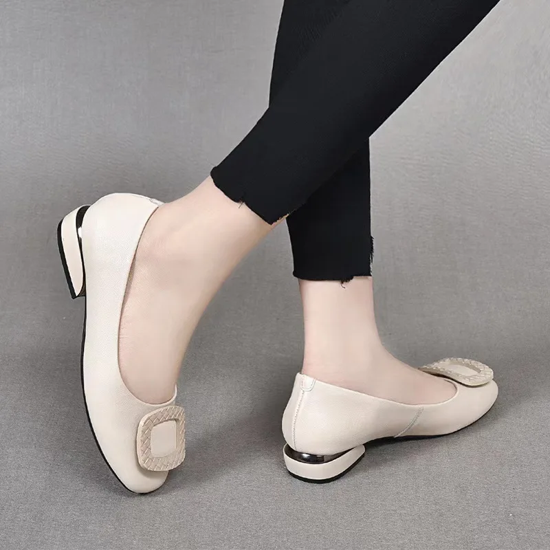 Soft Pu Leather Women\'s Low Heel Shoes Shallow Mouth All-match Comfortable Pumps Thick Heels Ladies Work Small Leather Shoes