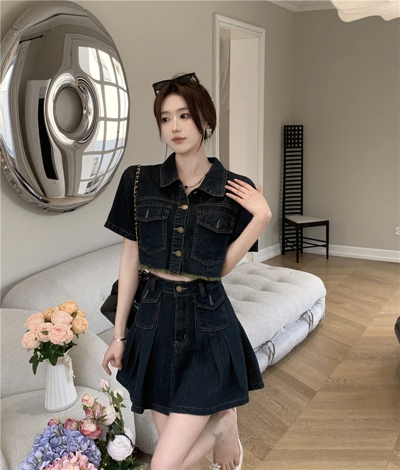 

Sexy Spicy Girl Slim Spring Summer Denim Set Single Breasted Raw Edge Short Coat + Pleated Skirt Large Size Women Outfit 2Pcs