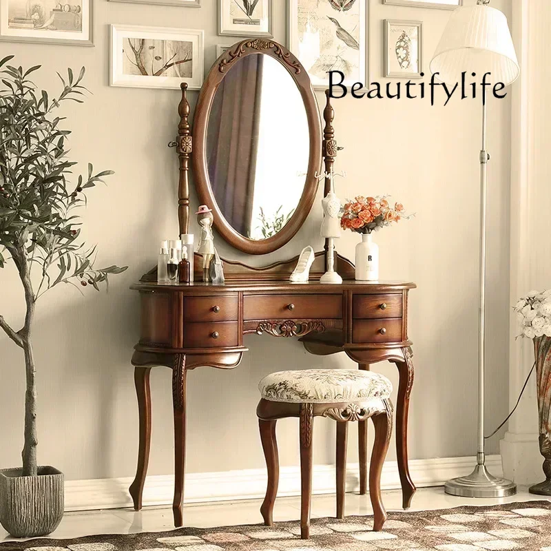 

European Solid Wood Mirror Table Bedroom Dresser Amercia Princess Furniture Dark Villa Luxury Carved Makeup Table Dressing Table