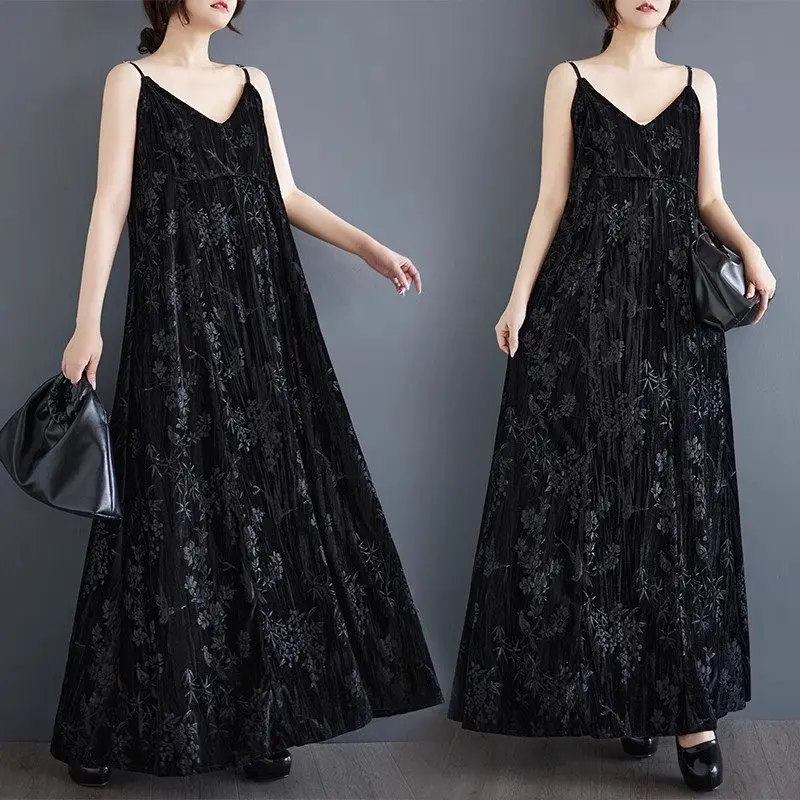 Large Size Black Sling Dress For Women 2024 Autumn Retro Chinese Style Dark Patterned Jacquard Velvet V-Neck Suspender Dress A91